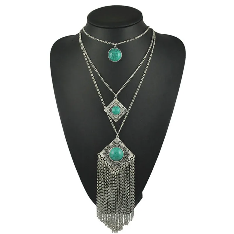 Bohemian Tassel Carved Gemstone Multi-layer Necklace
