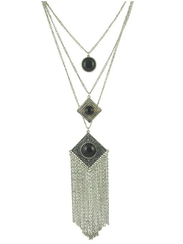 Bohemian Tassel Carved Gemstone Multi-layer Necklace