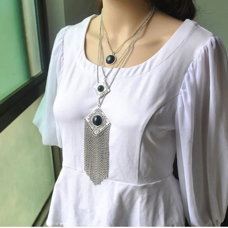 Bohemian Tassel Carved Gemstone Multi-layer Necklace