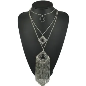 Bohemian Tassel Carved Gemstone Multi-layer Necklace