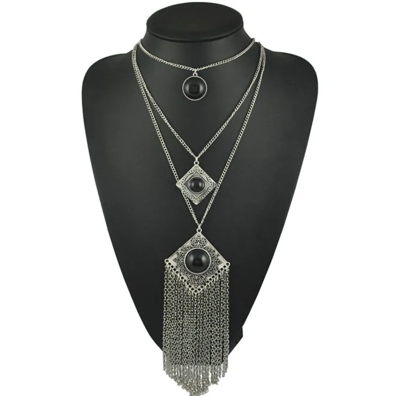 Bohemian Tassel Carved Gemstone Multi-layer Necklace