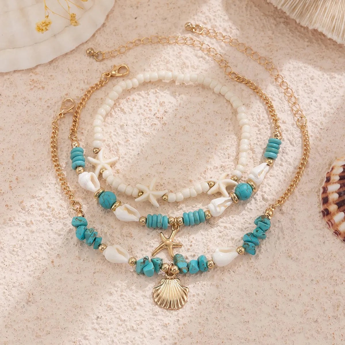 Boho 3Pcs Conch Shell Starfish Charm Turquoise Seed Bead Chain Anklet Set