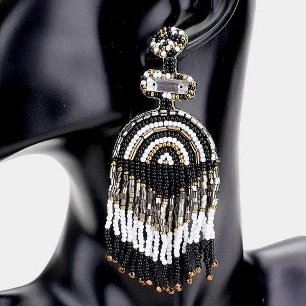 Boho Black Seed Beaded Fringe Earrings