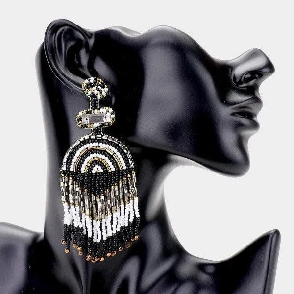 Boho Black Seed Beaded Fringe Earrings
