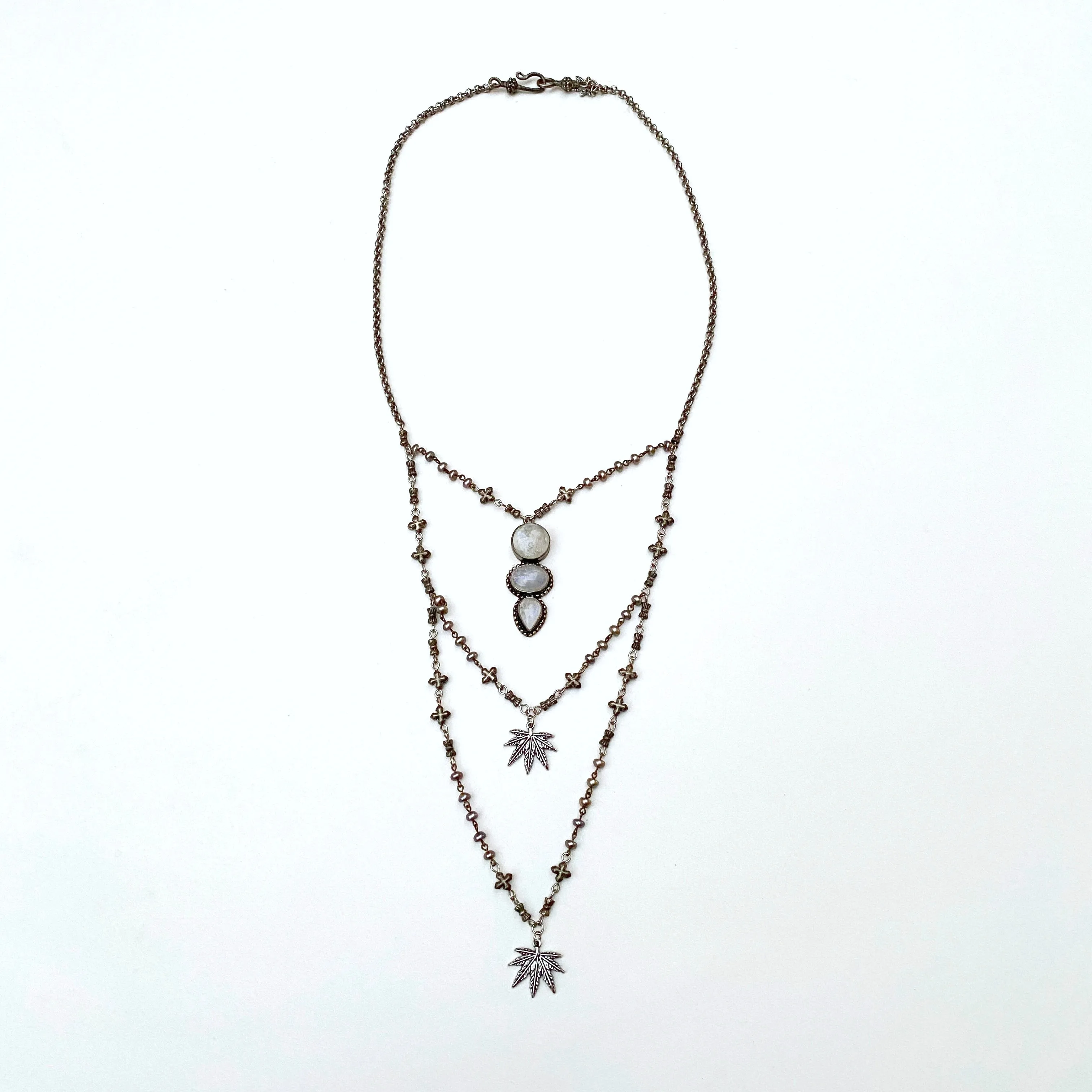 Boho Layered Moonstone Cannabis Leaf Necklace