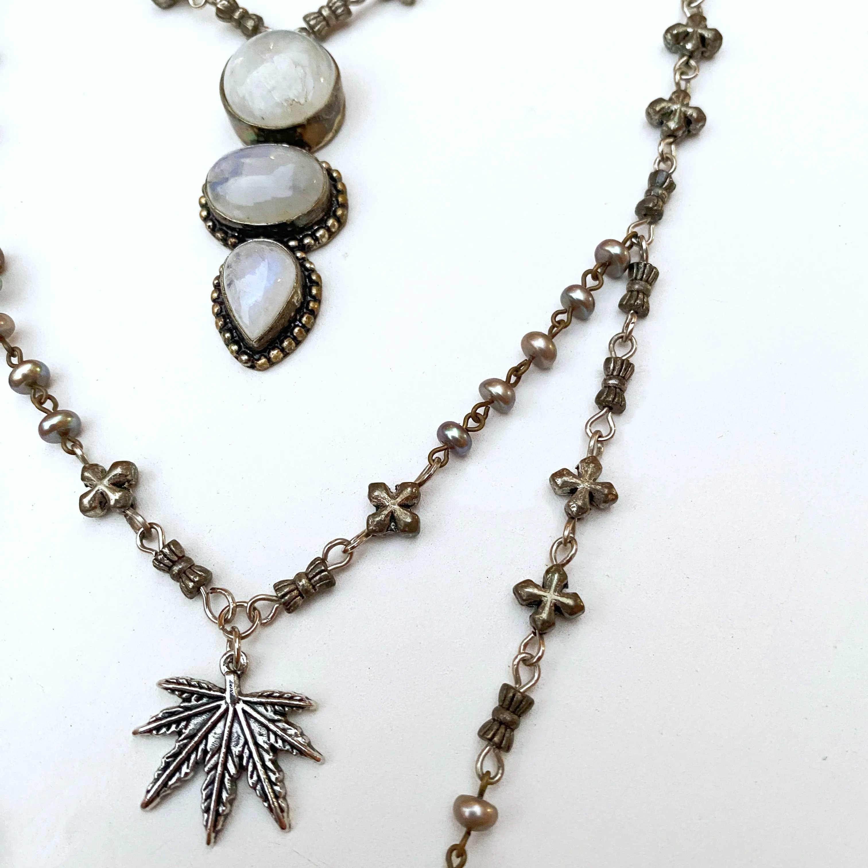 Boho Layered Moonstone Cannabis Leaf Necklace