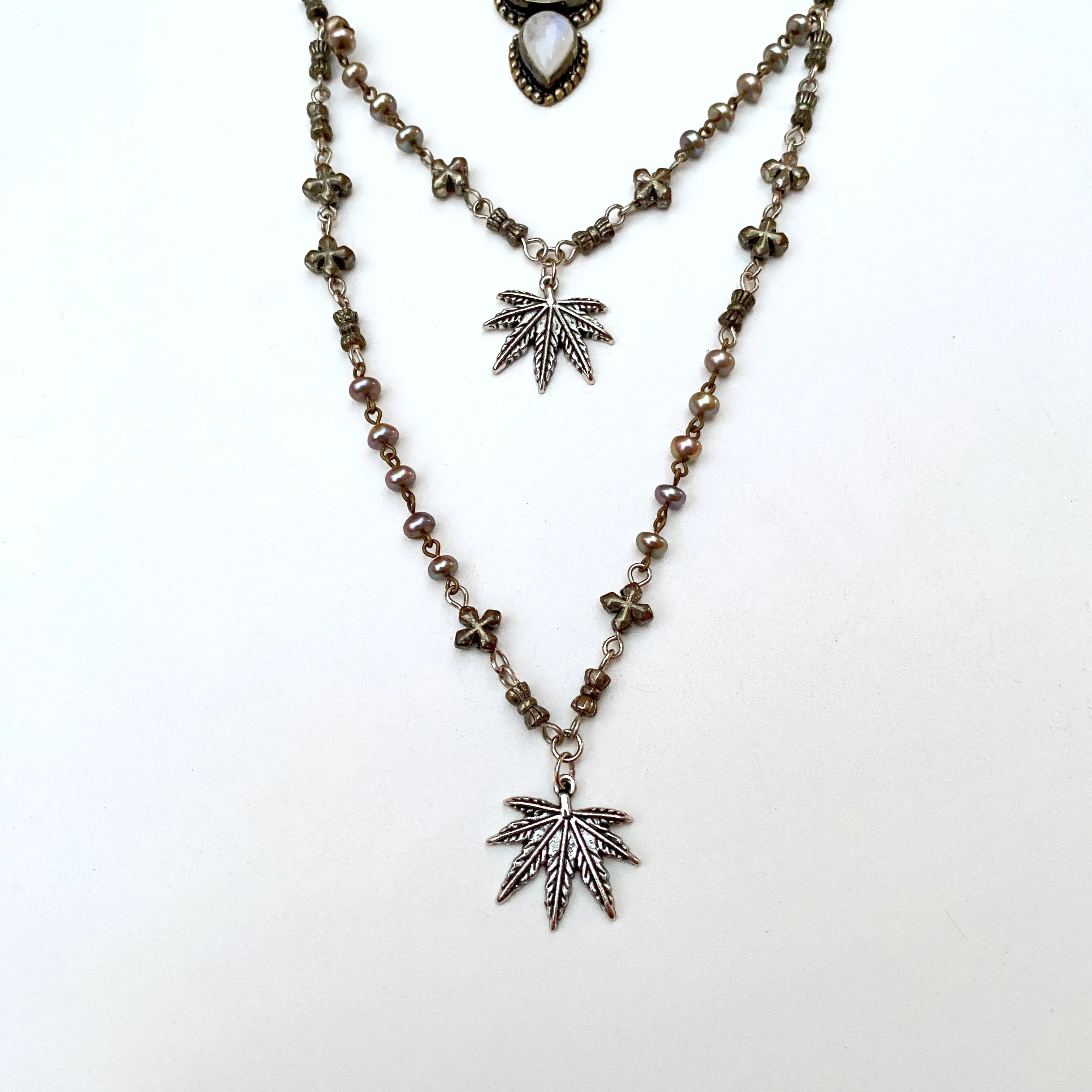 Boho Layered Moonstone Cannabis Leaf Necklace