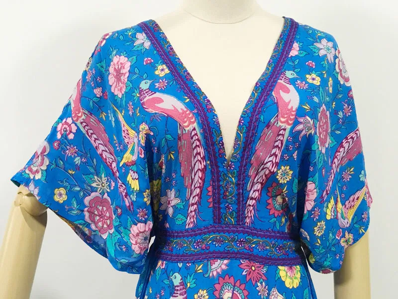 Boho Sexy V-Neck Tassel Short Sleeve Blue Bird Floral Long Bohemian Summer Dress