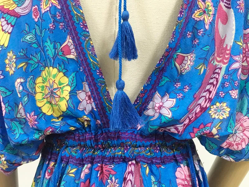 Boho Sexy V-Neck Tassel Short Sleeve Blue Bird Floral Long Bohemian Summer Dress