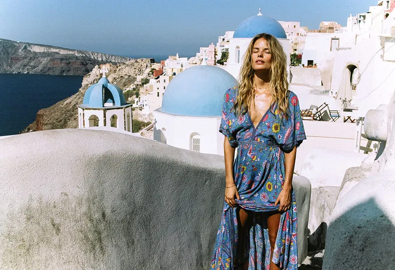 Boho Sexy V-Neck Tassel Short Sleeve Blue Bird Floral Long Bohemian Summer Dress