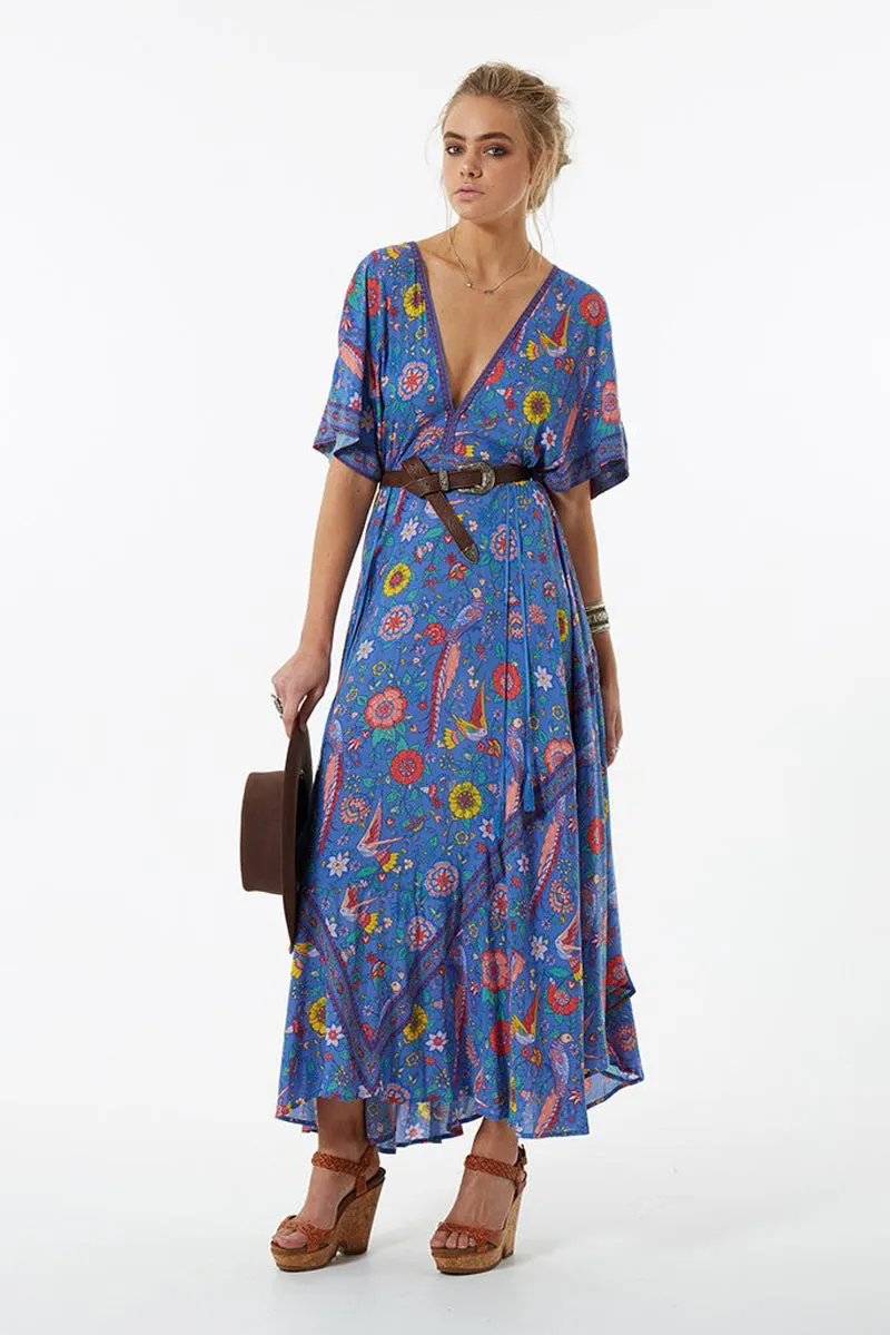 Boho Sexy V-Neck Tassel Short Sleeve Blue Bird Floral Long Bohemian Summer Dress