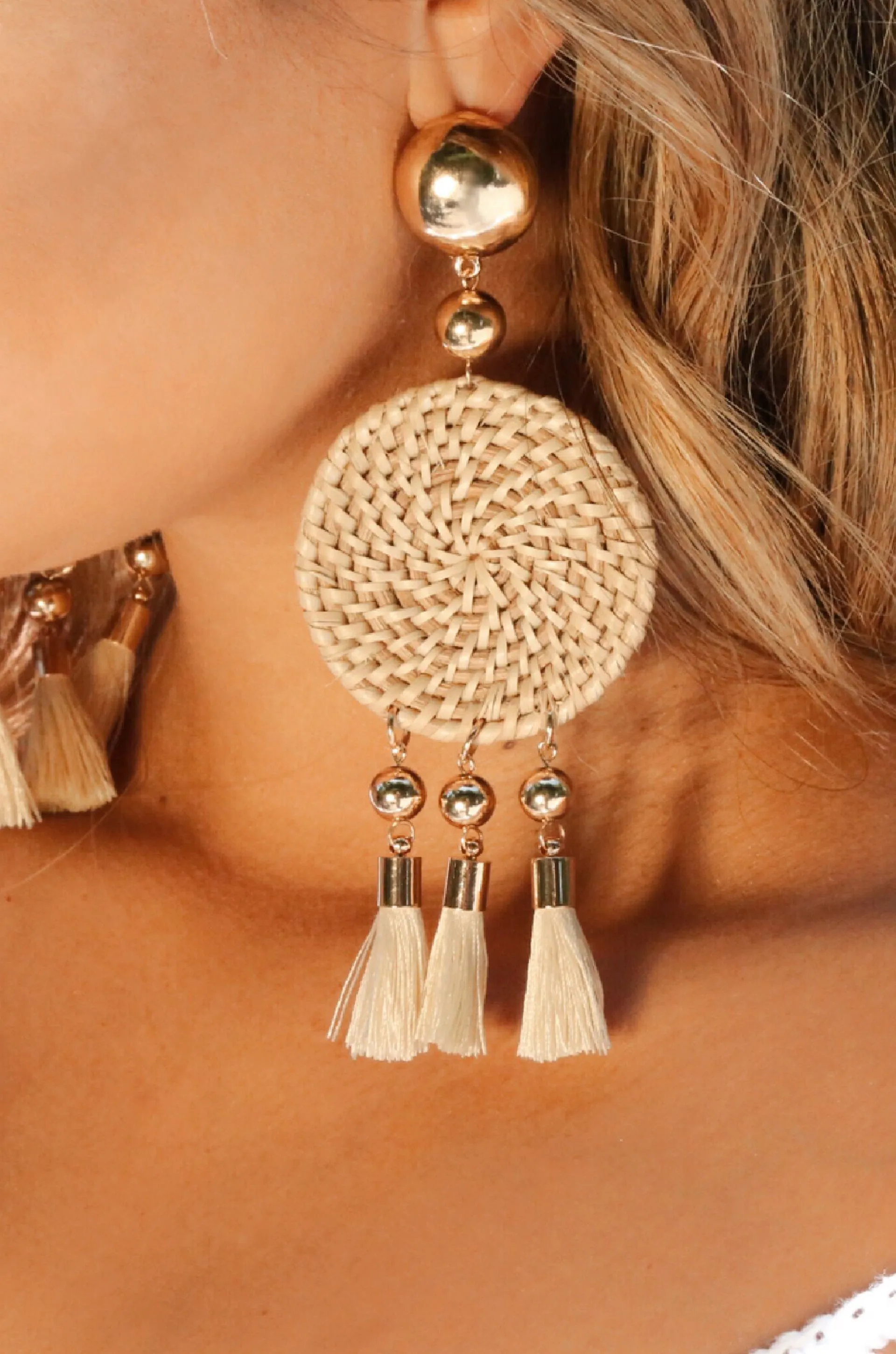 Boho Woven Natural Tassel 18k Gold Plated Earrings