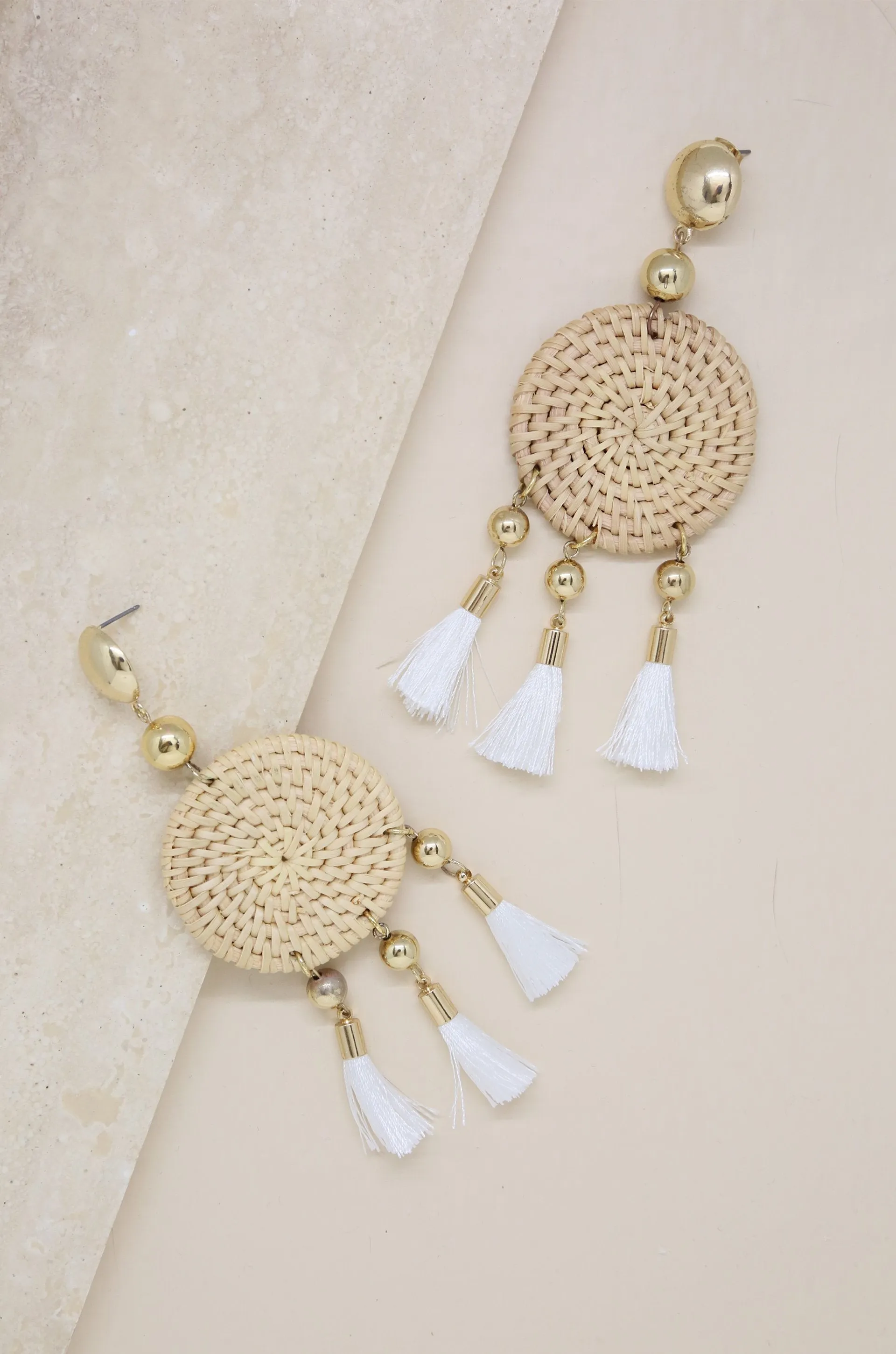 Boho Woven Natural Tassel 18k Gold Plated Earrings