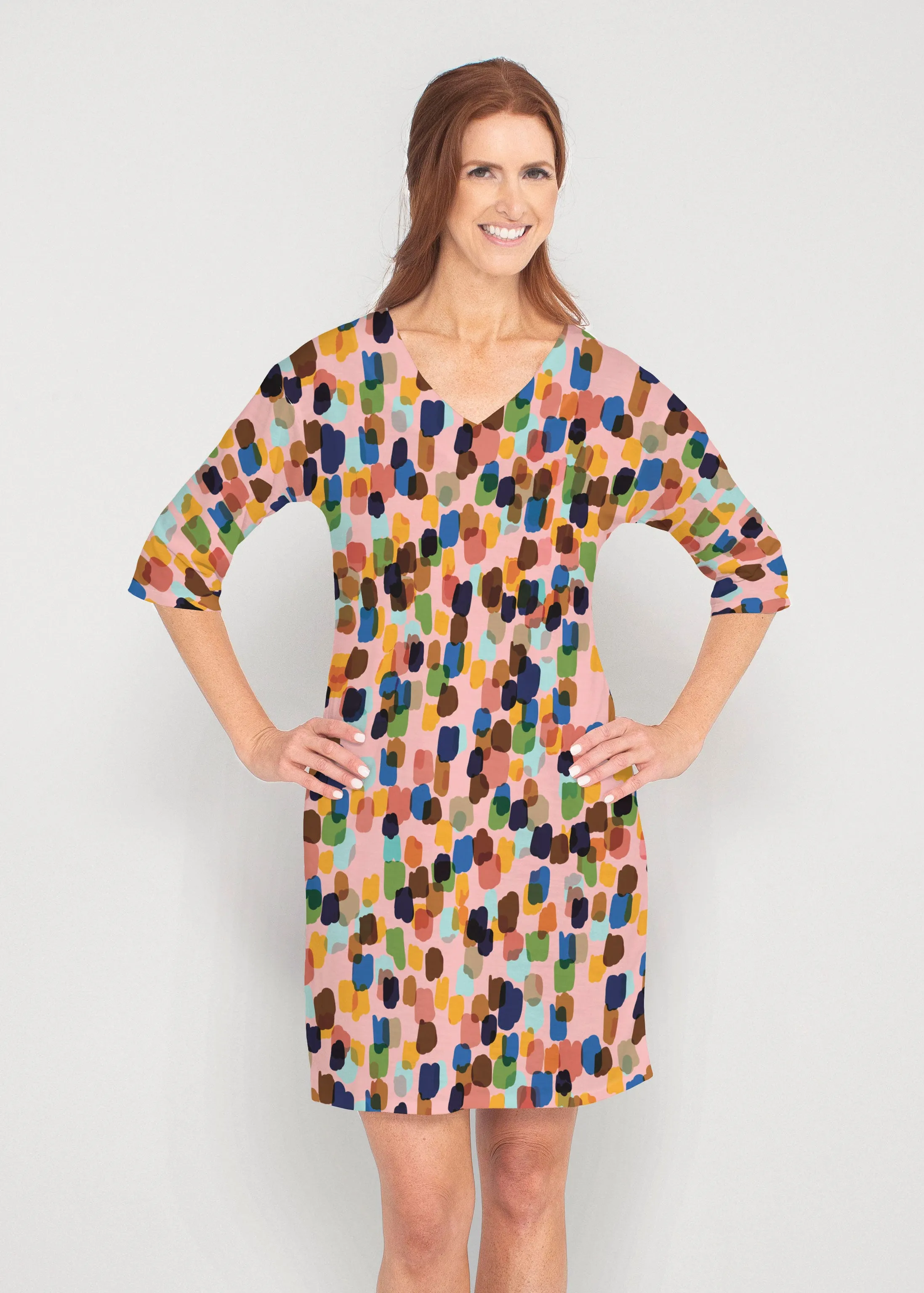 Brushstroke Multi (14293) ~ Lucy 3/4 Sleeve V-Neck Dress