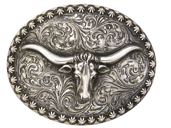 Buckle, Longhorn with Berry Edge, Hand Engraved Sterling Silver TB-D01