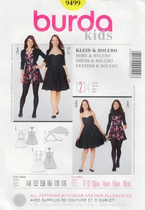 Burda 9499 Teen Girls Party Formal Dress & Knit Bolero Out Of Print Sewing Pattern Sizes 11 -16 UNCUT Factory Folded