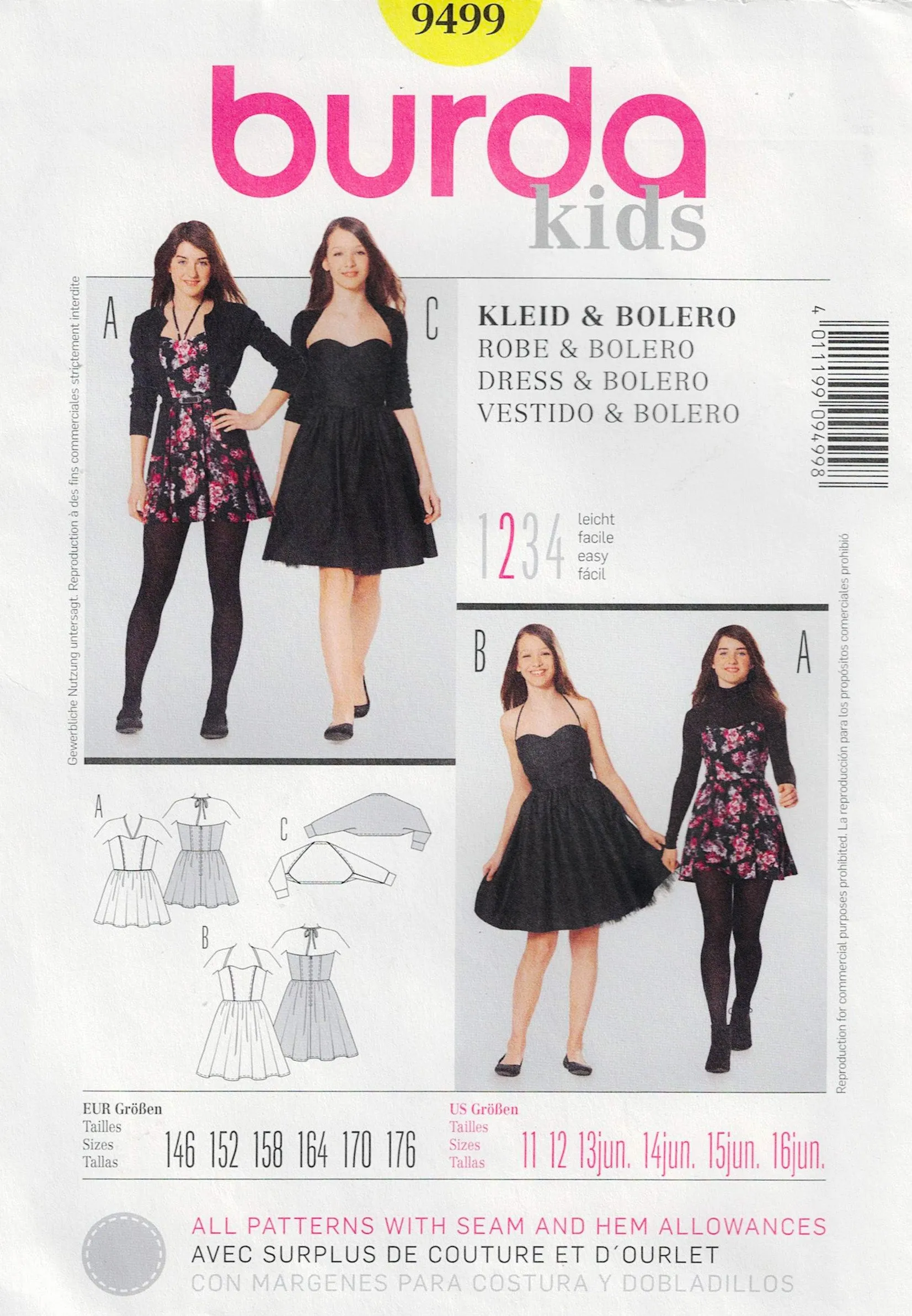Burda 9499 Teen Girls Party Formal Dress & Knit Bolero Out Of Print Sewing Pattern Sizes 11 -16 UNCUT Factory Folded