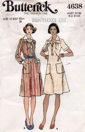 Butterick 4638 Womens Wide Collared Shirtdress 1970s Vintage Sewing Pattern Size 12 Bust 34 inches UNCUT Factory Folded