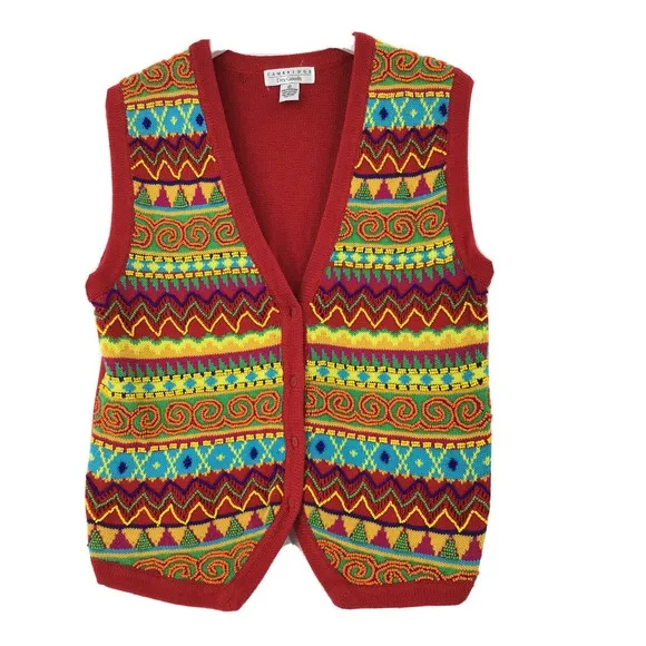 Cambridge Dry Goods Red Wooden Beaded Vest Cardigan Women's Size Medium Boho