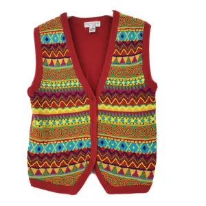 Cambridge Dry Goods Red Wooden Beaded Vest Cardigan Women's Size Medium Boho