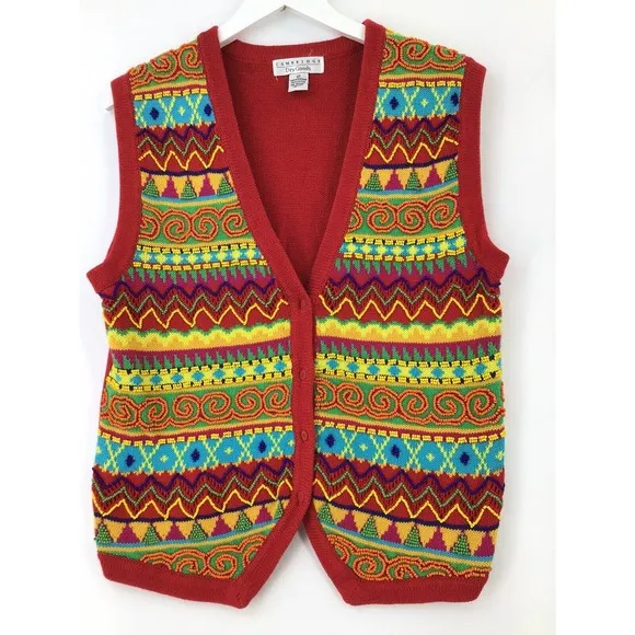 Cambridge Dry Goods Red Wooden Beaded Vest Cardigan Women's Size Medium Boho