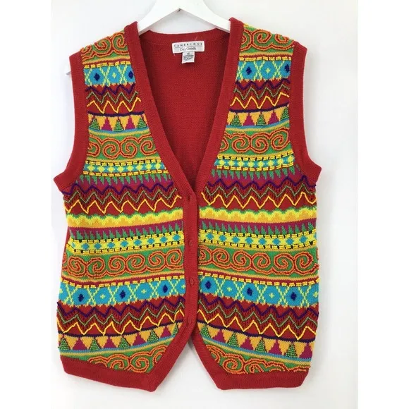 Cambridge Dry Goods Red Wooden Beaded Vest Cardigan Women's Size Medium Boho