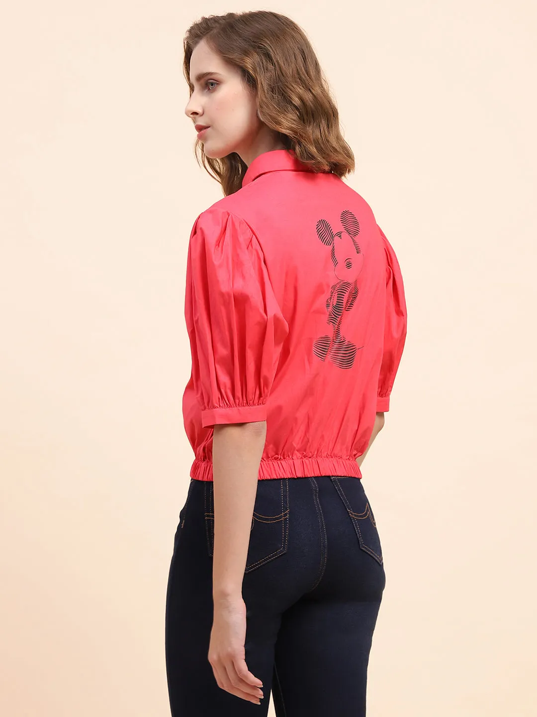 Camla Barcelona Disney Print Hot Pink Puff Sleeve Shirt