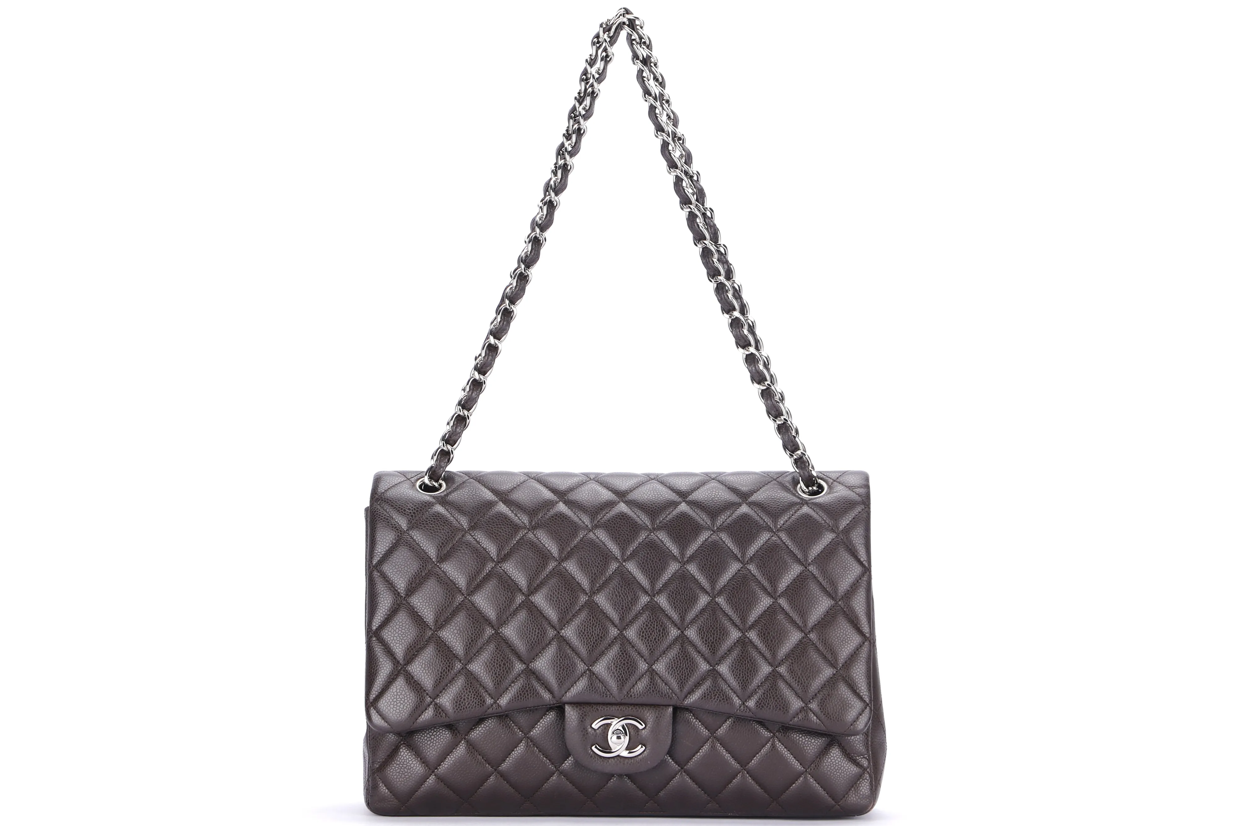 CHANEL CLASSIC FLAP MAXI SINGLE FLAP (1401xxxx) BROWN CAVIAR LEATHER, SILVER HARDWARE, WITH CARD, DUST COVER & BOX