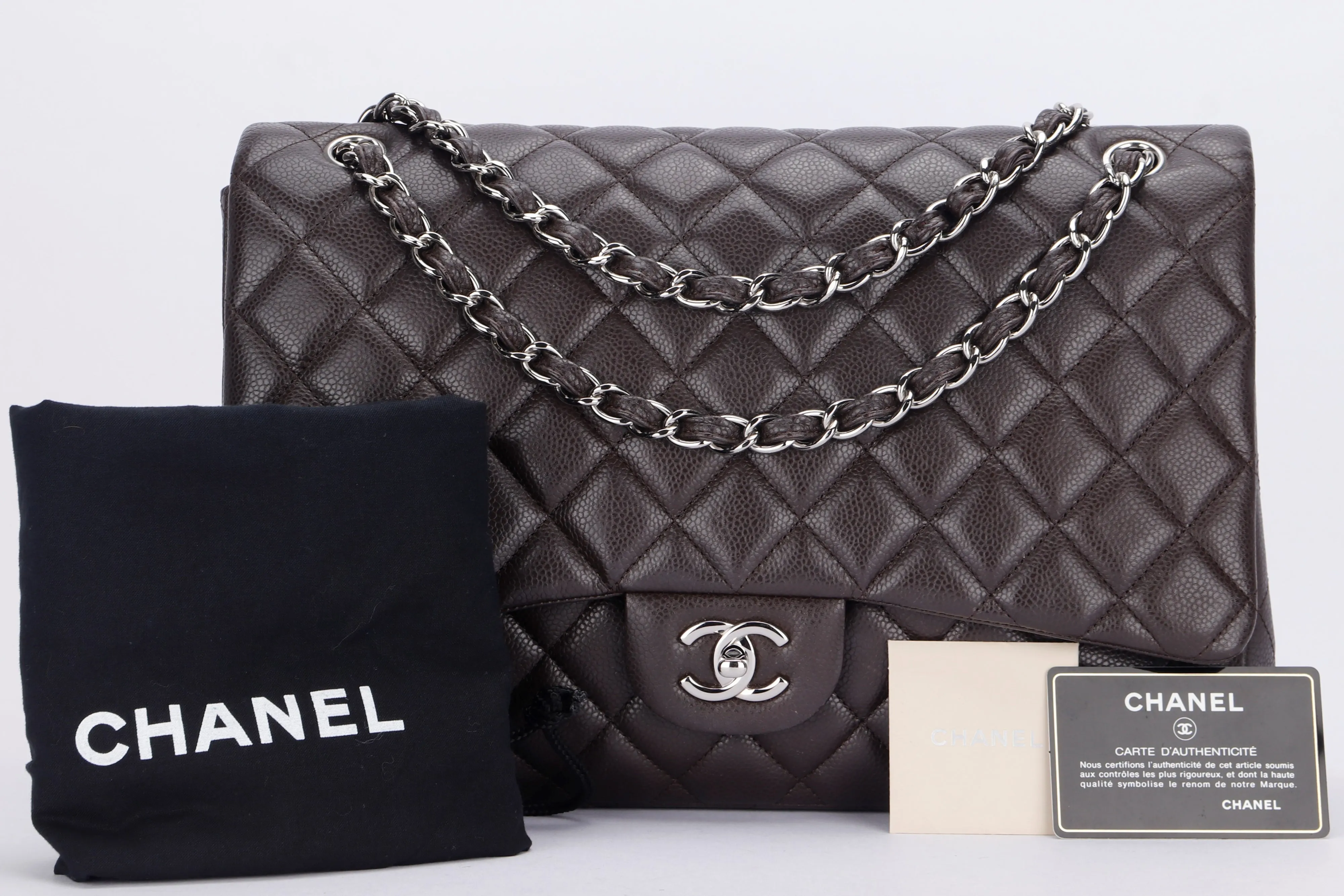 CHANEL CLASSIC FLAP MAXI SINGLE FLAP (1401xxxx) BROWN CAVIAR LEATHER, SILVER HARDWARE, WITH CARD, DUST COVER & BOX