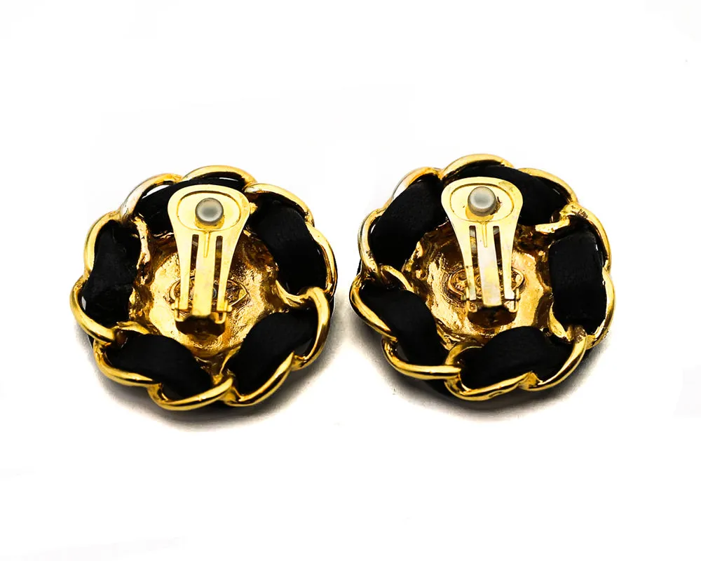 Chanel Vintage Black Leather Chain Logo Earrings