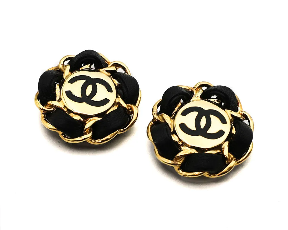 Chanel Vintage Black Leather Chain Logo Earrings