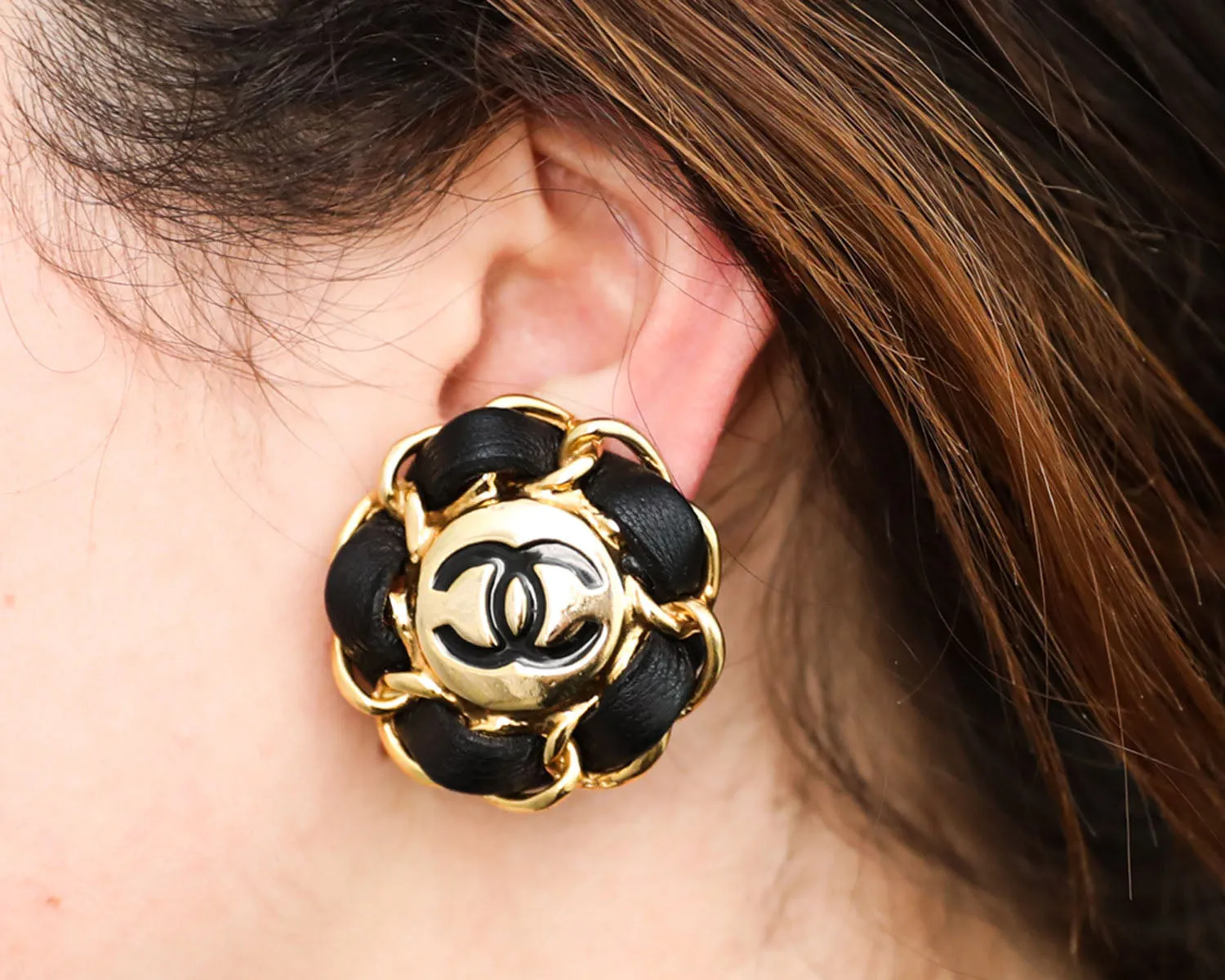 Chanel Vintage Black Leather Chain Logo Earrings