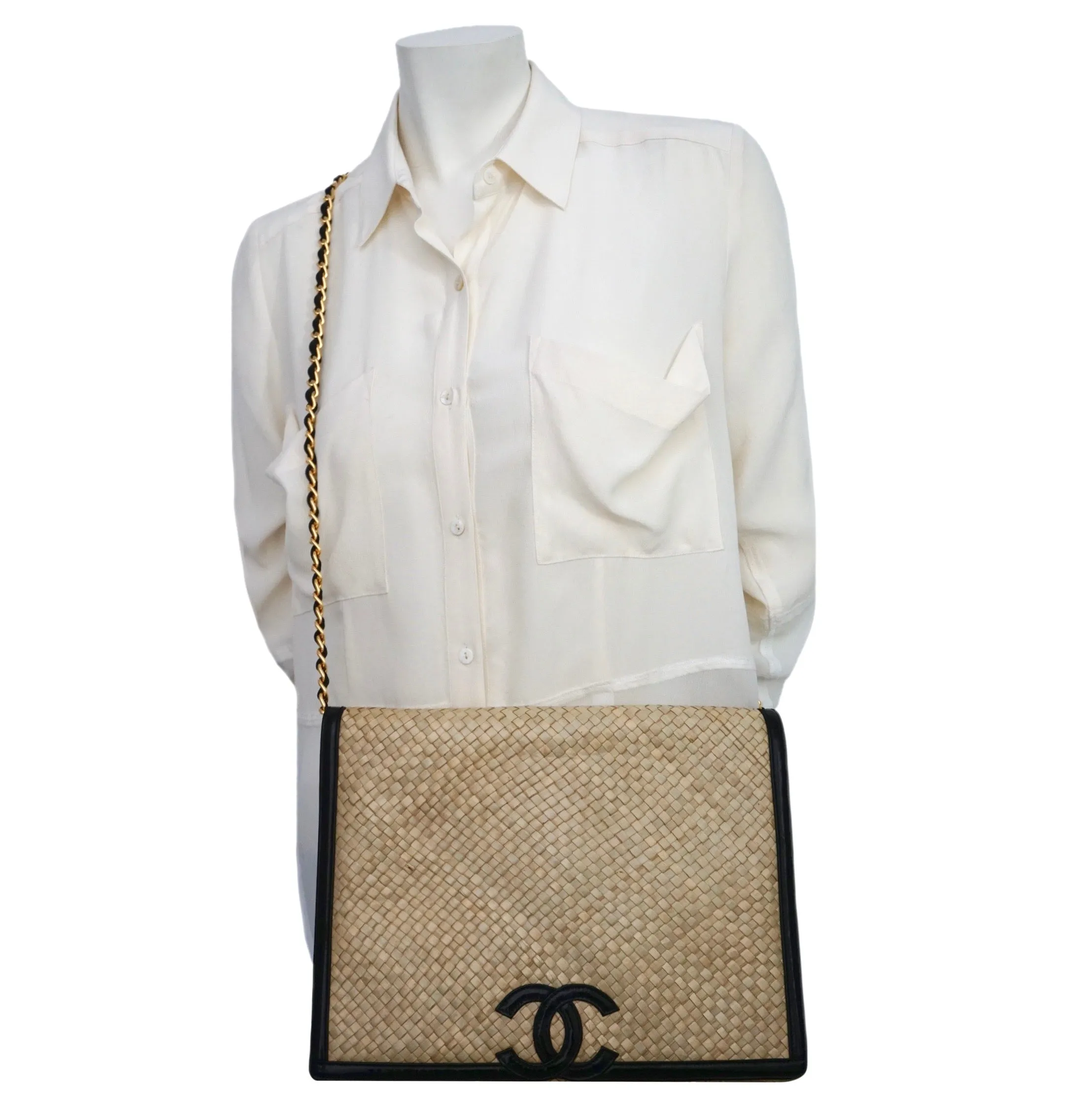 Chanel Vintage Wicker & Black Patent Jumbo