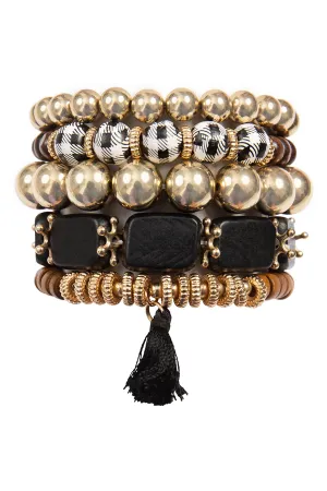 CHECK PATTERN WOOD SQUARE BEAD, TASSEL PENDANT, CHARM, VERSATILE BRACELET SET