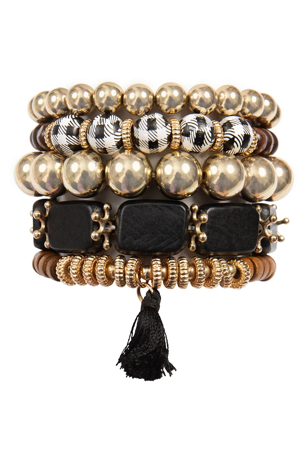 CHECK PATTERN WOOD SQUARE BEAD, TASSEL PENDANT, CHARM, VERSATILE BRACELET SET