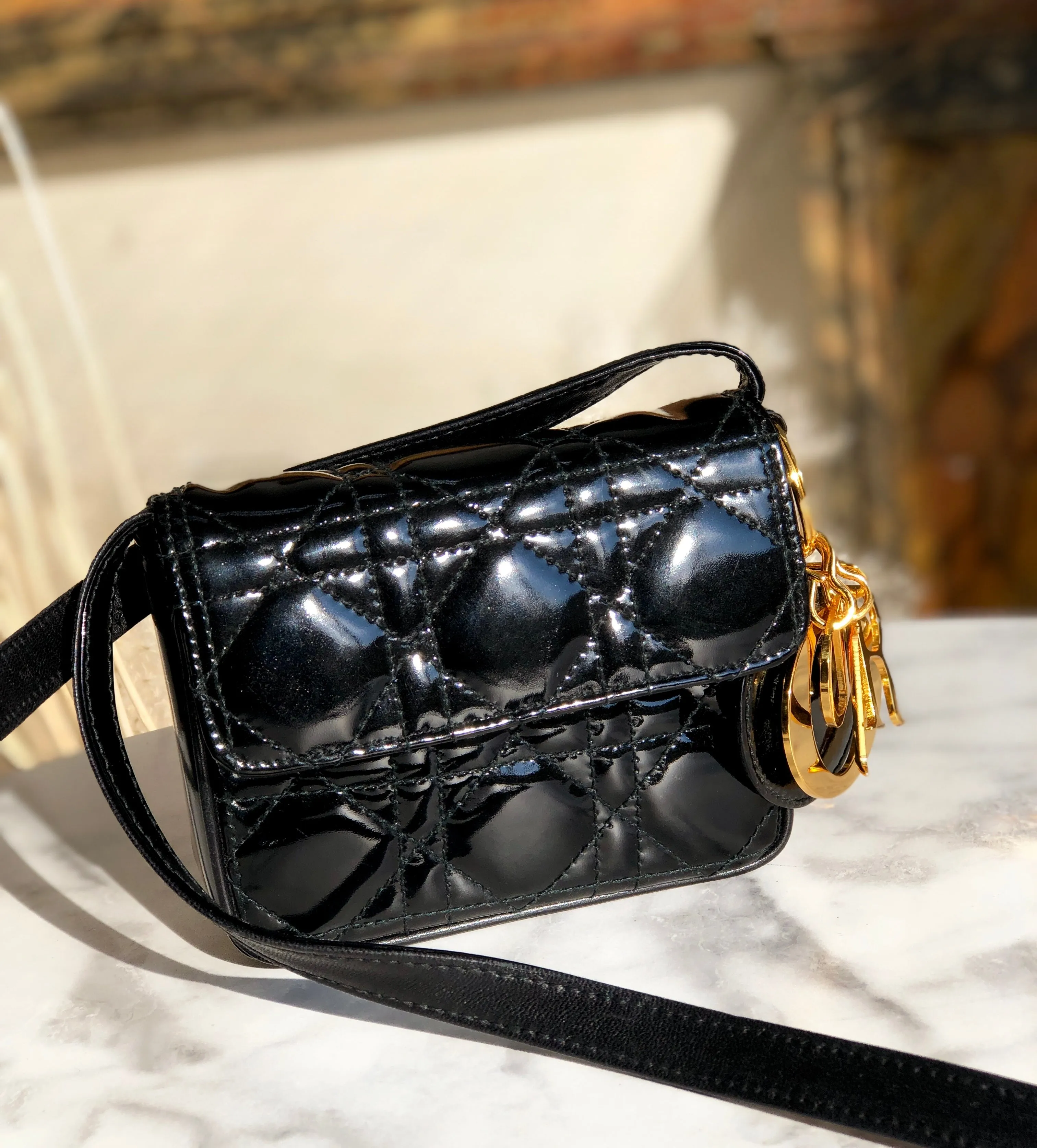 Christian Dior Cannage Lady dior Patent leather Crossbody Small Shoulder bag Black 8xicb6