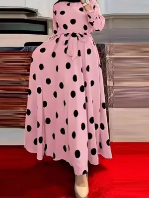 Clasi Fashionable Polka Dot Printed Long Dress With Cinched Waist