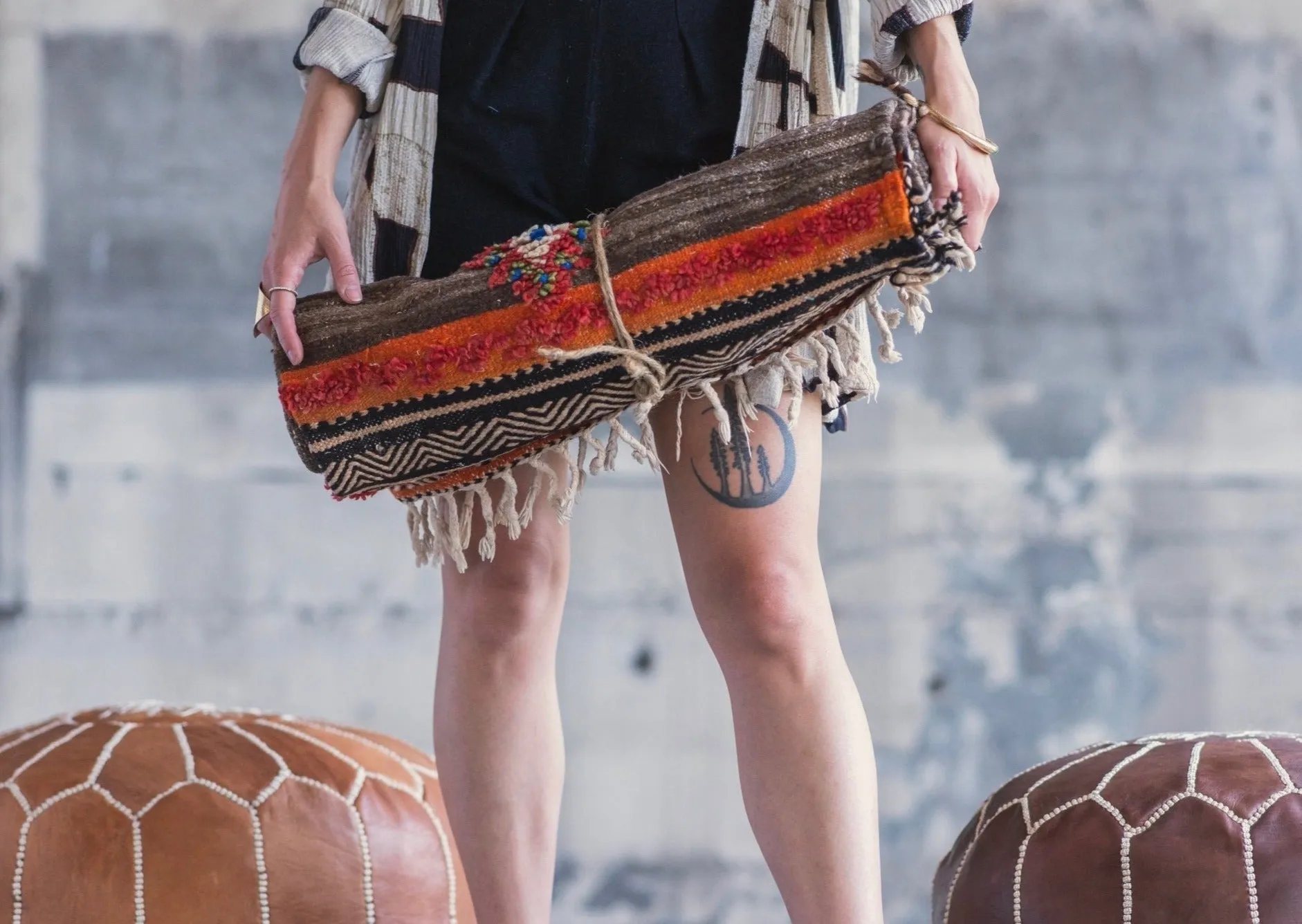 Classic Tan Leather Pouf