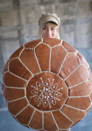 Classic Tan Leather Pouf