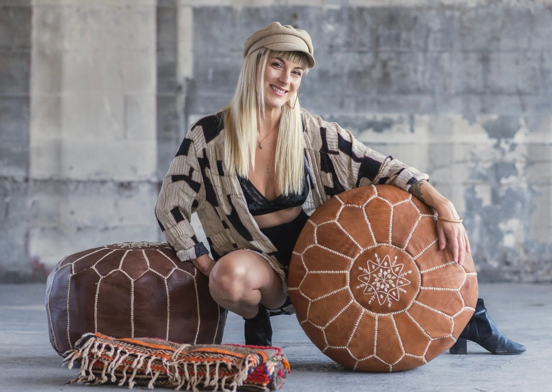 Classic Tan Leather Pouf