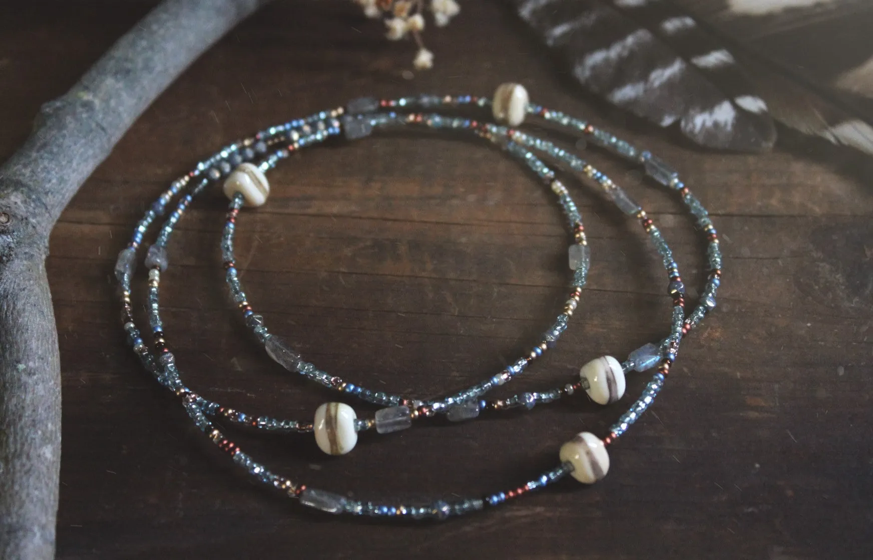 Coastal. Hand-strung Long Layering Beaded Necklace.