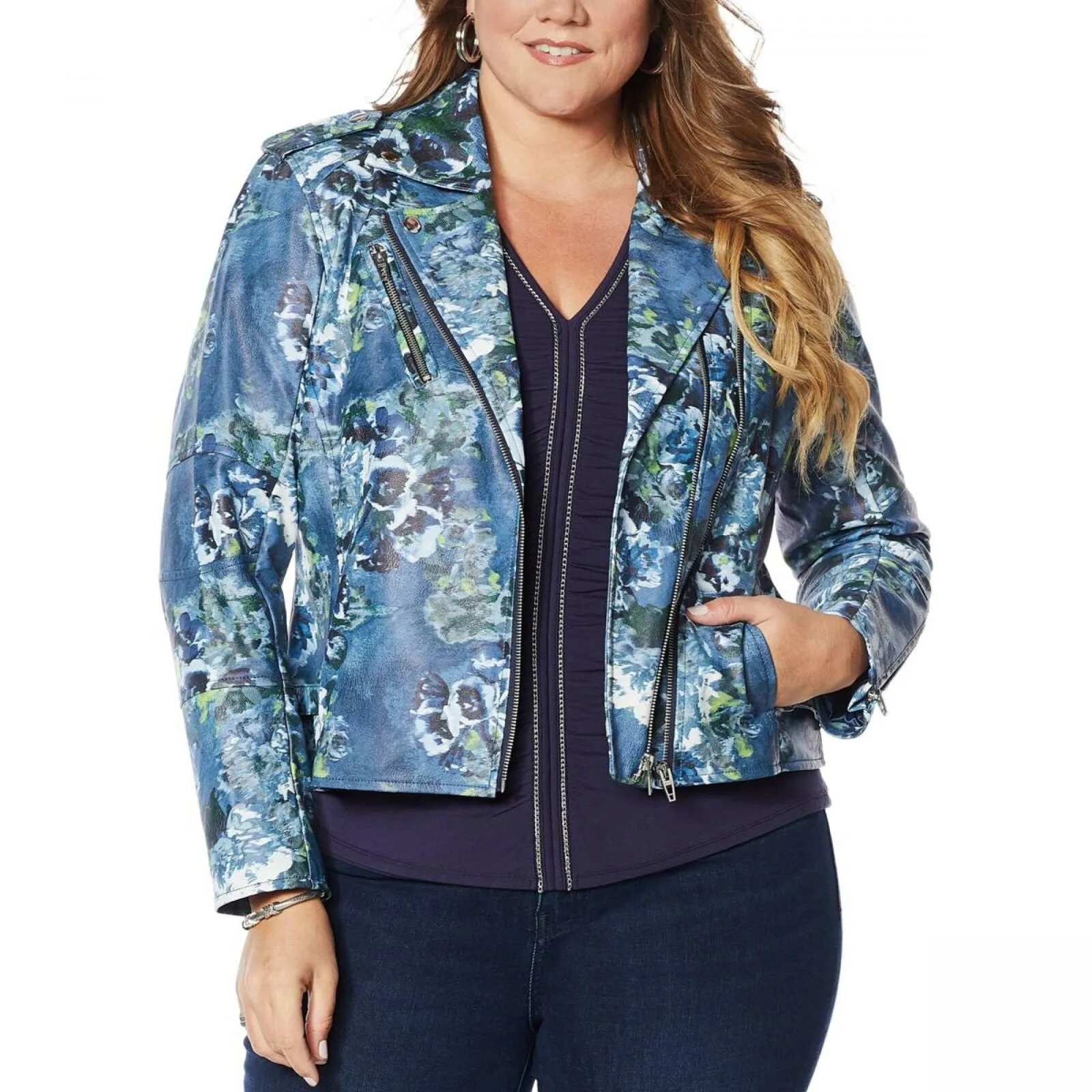 Colleen Lopez Women's Plus Size Edgy Faux Leather Moto Jacket Blue Floral 1X