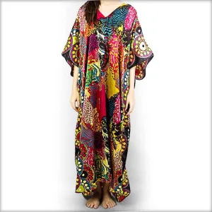 Colourful Printed Satin V-Neck Kaftan