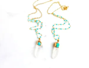 Crystal Quartz Turquoise Beaded Chain Long Necklace - Crystal Love Bohemian Necklace