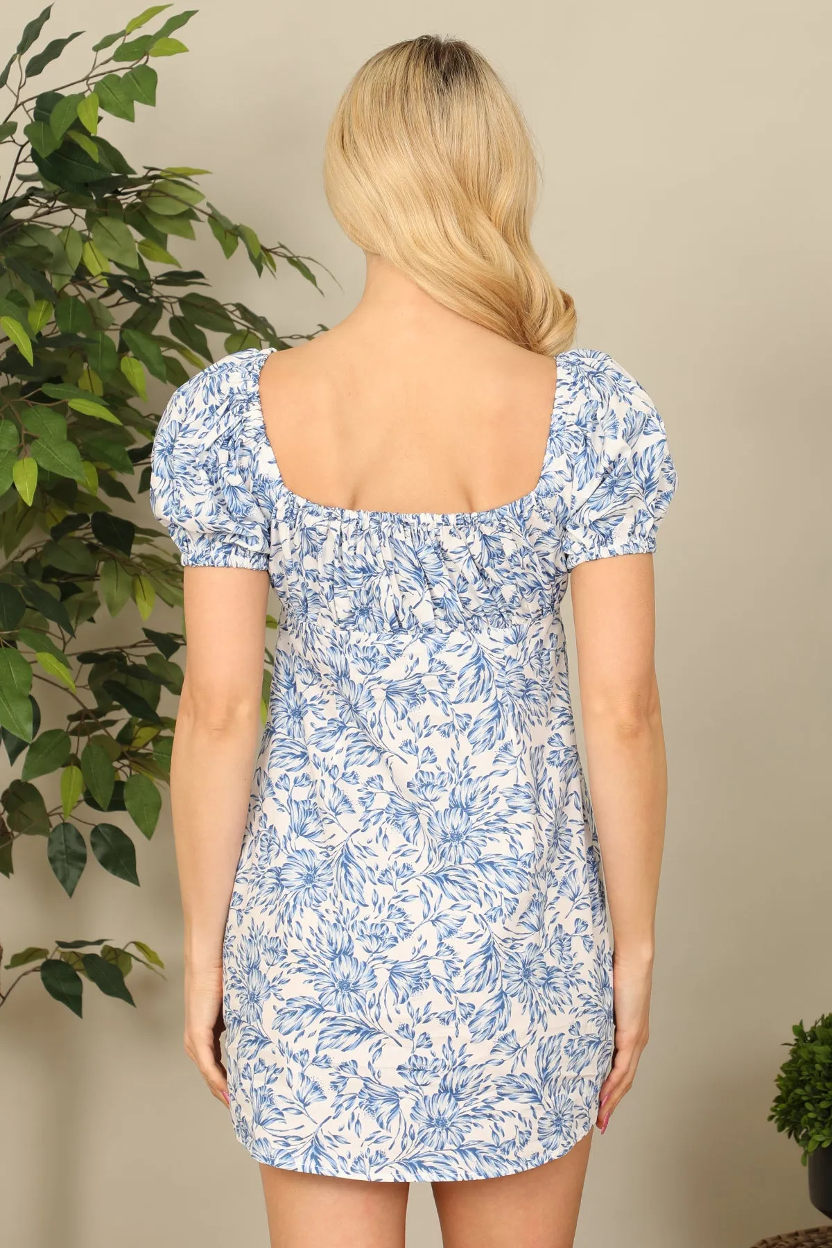 Cut-Out Detail Puff Short Sleeve Printed Mini Dress