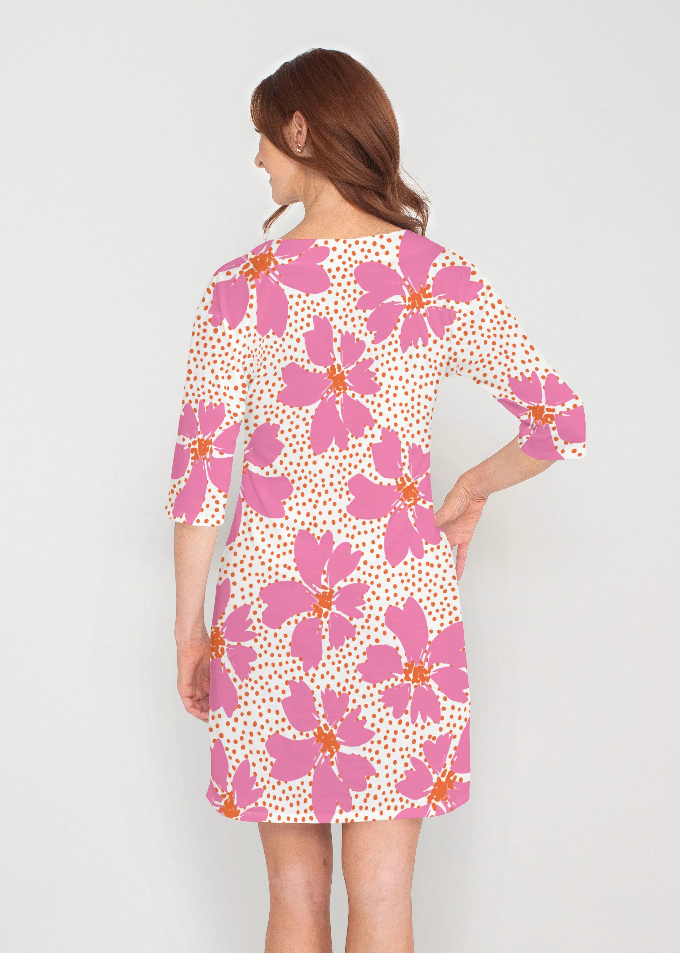 Daisy Dots Pink (8079) ~ Lucy 3/4 Sleeve V-Neck Dress