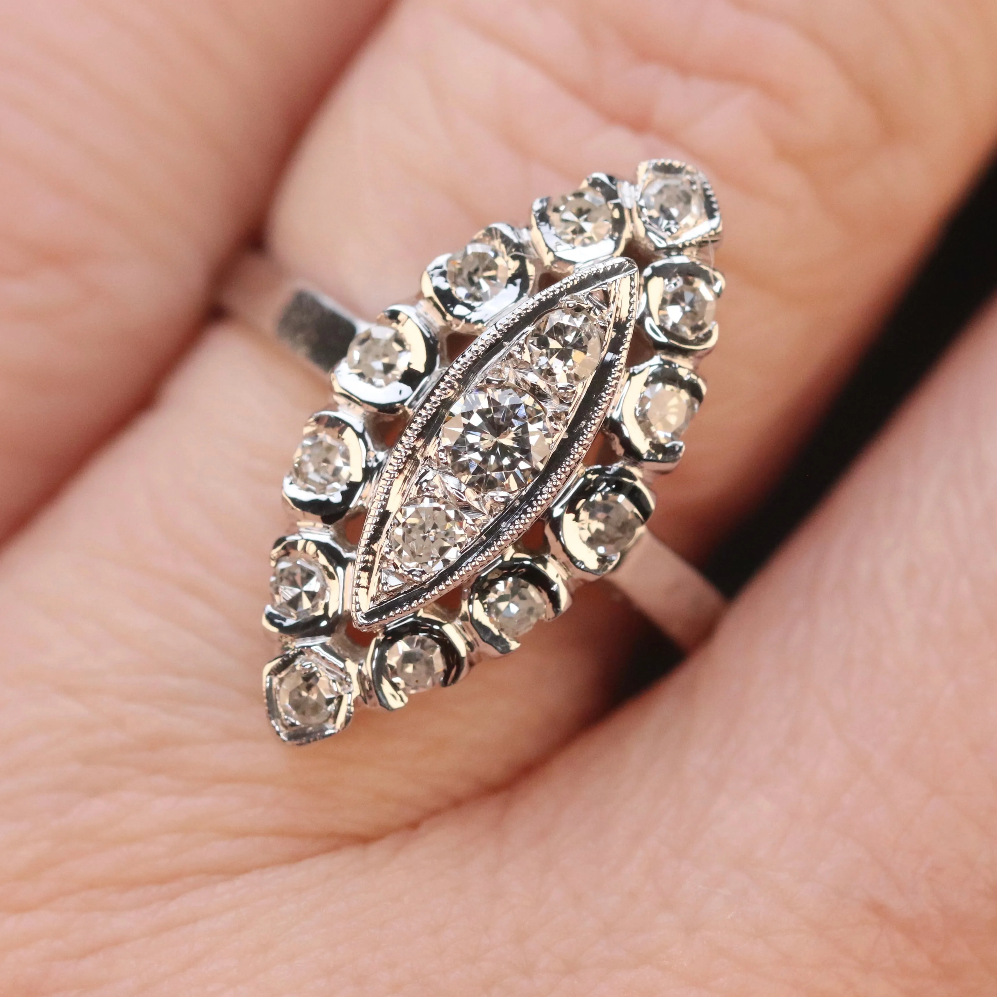 Diamond navette ring in 14k white gold