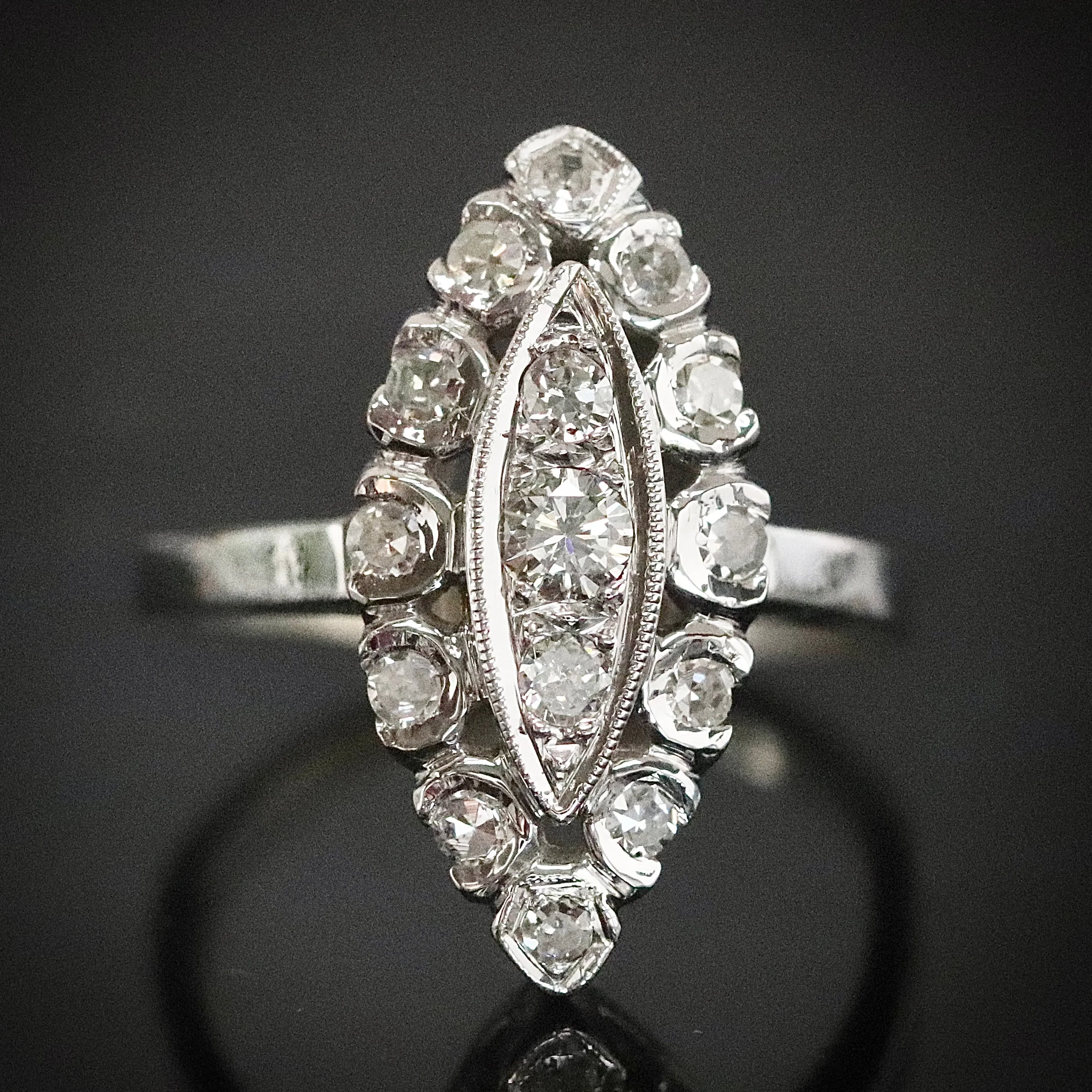 Diamond navette ring in 14k white gold