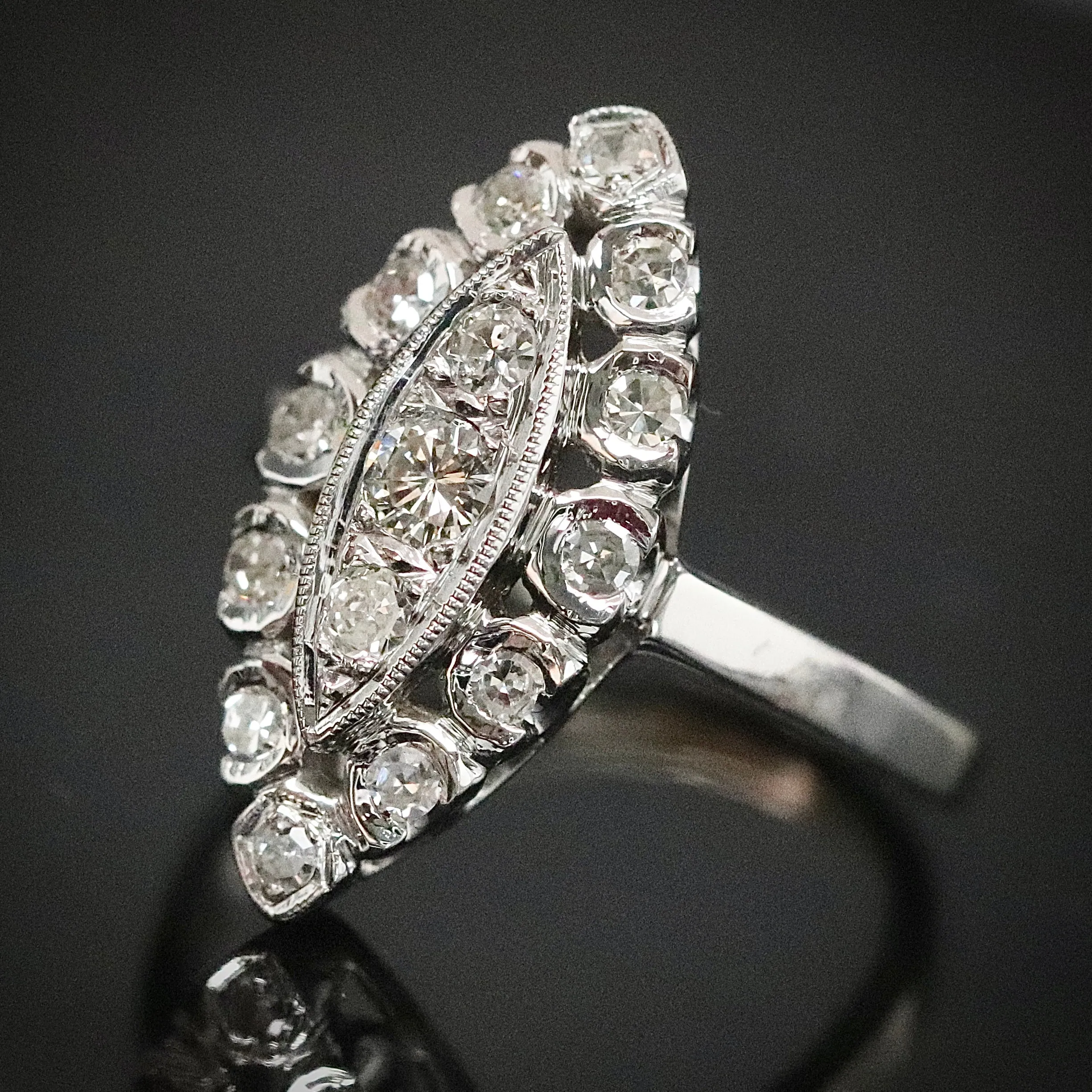 Diamond navette ring in 14k white gold