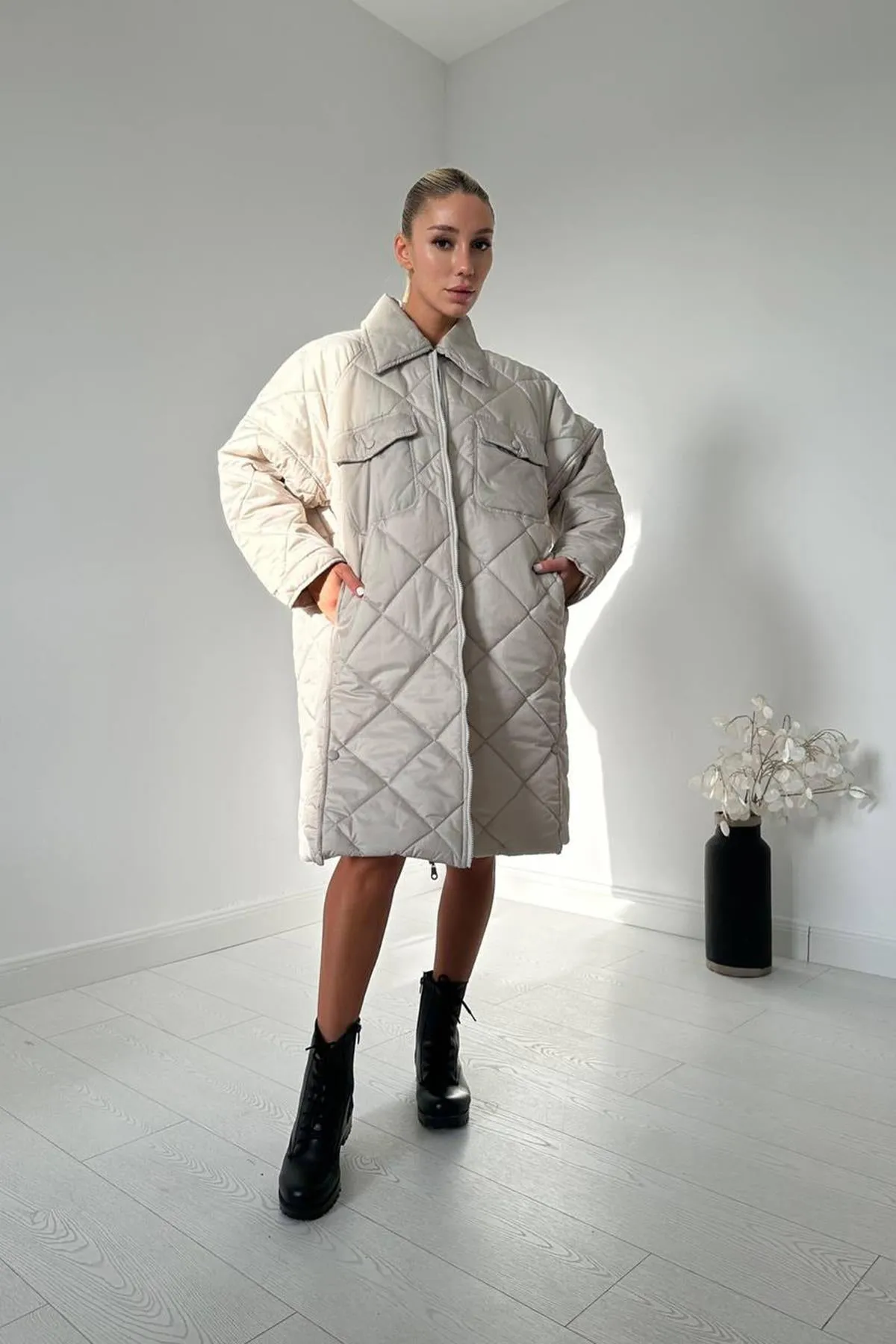 Diamond Pattern Pocket Puffer Coat